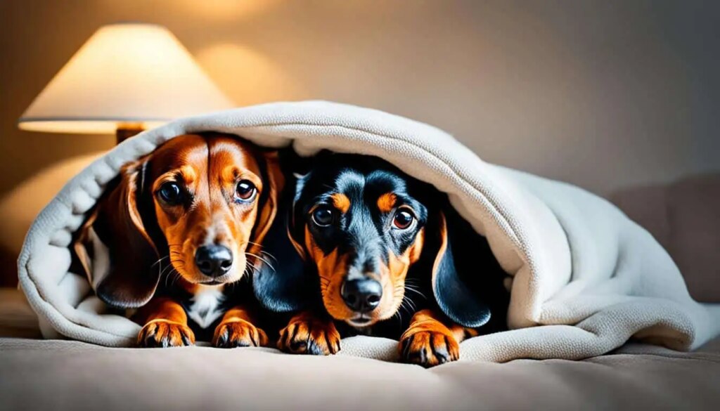 Dachshunds sleeping on a bed